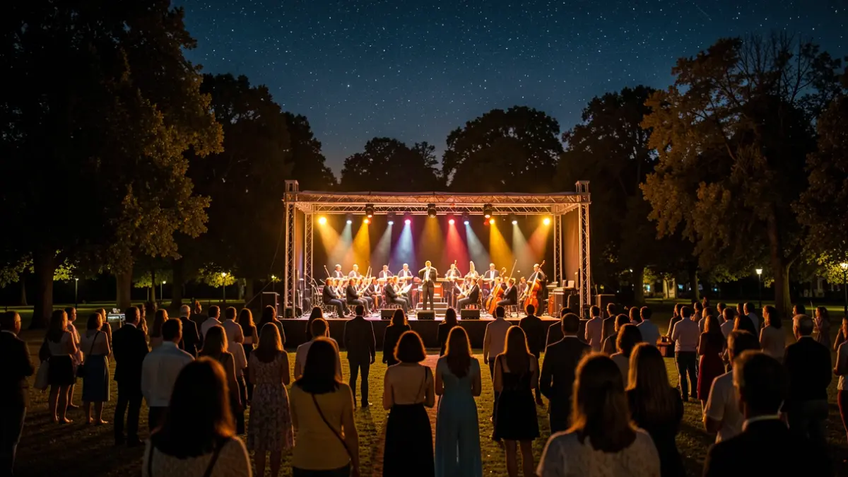 Generic image of an outdoor concert at night with an orchestra.