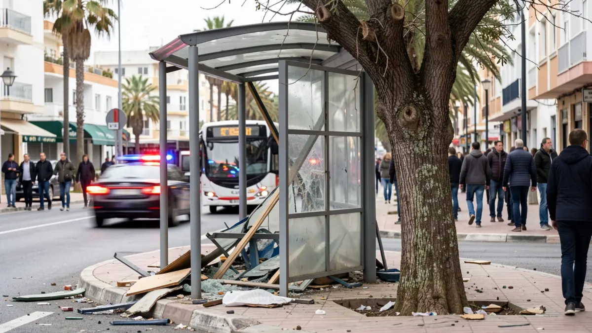Damaged bus stop after a traffic accident in Las Palmas de Gran Canaria.