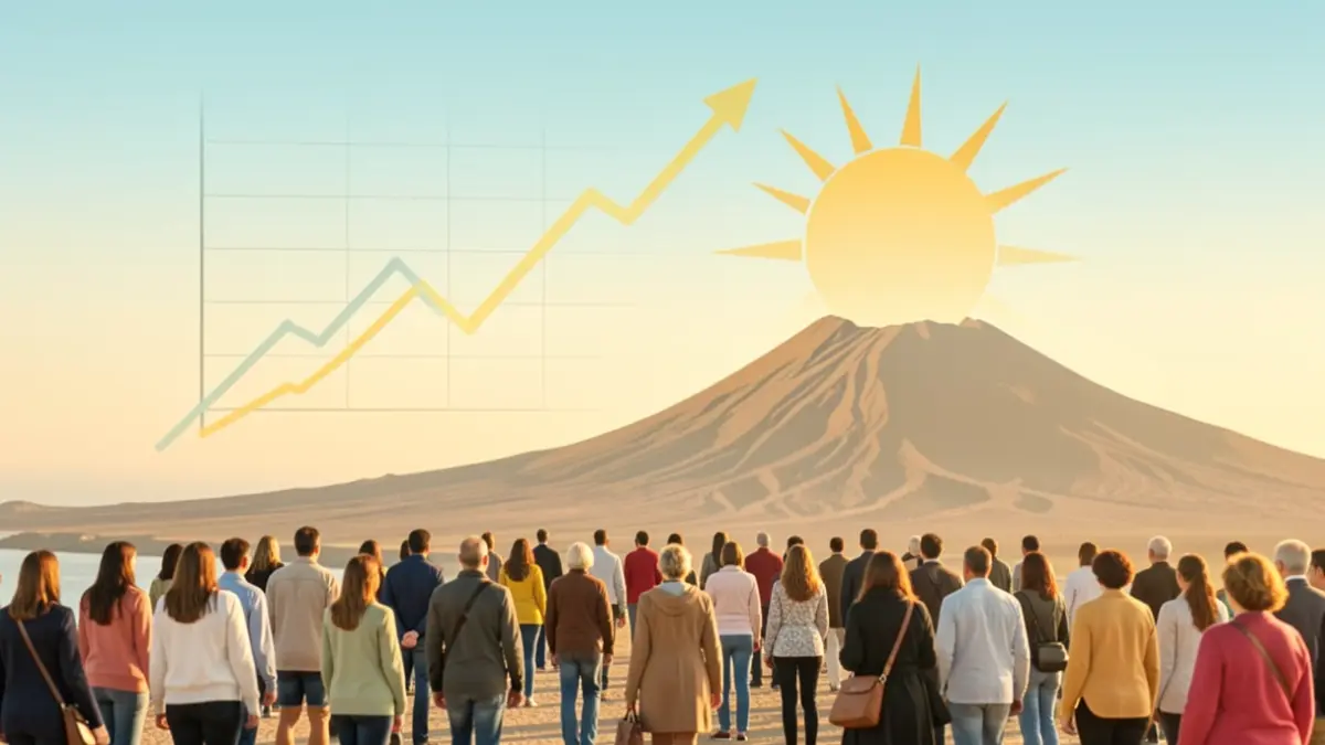 Abstract graphic of consumer confidence in the Canary Islands with data elements and volcanic landscape.