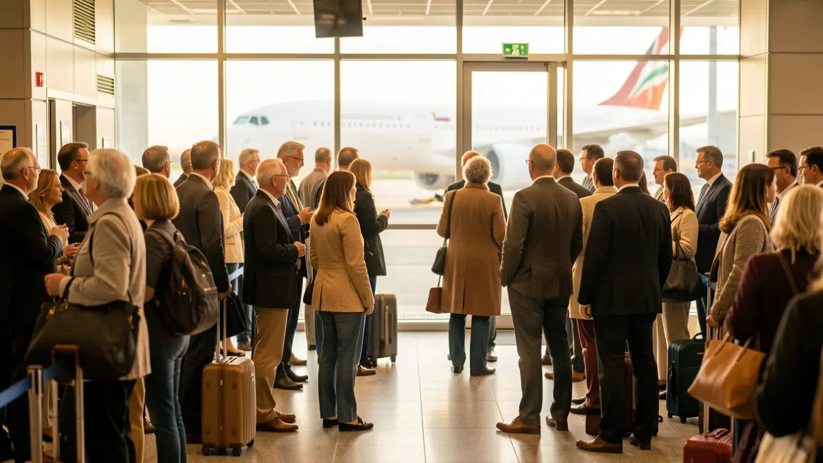 Imagen genérica de viajeros en un aeropuerto con controles fronterizos.