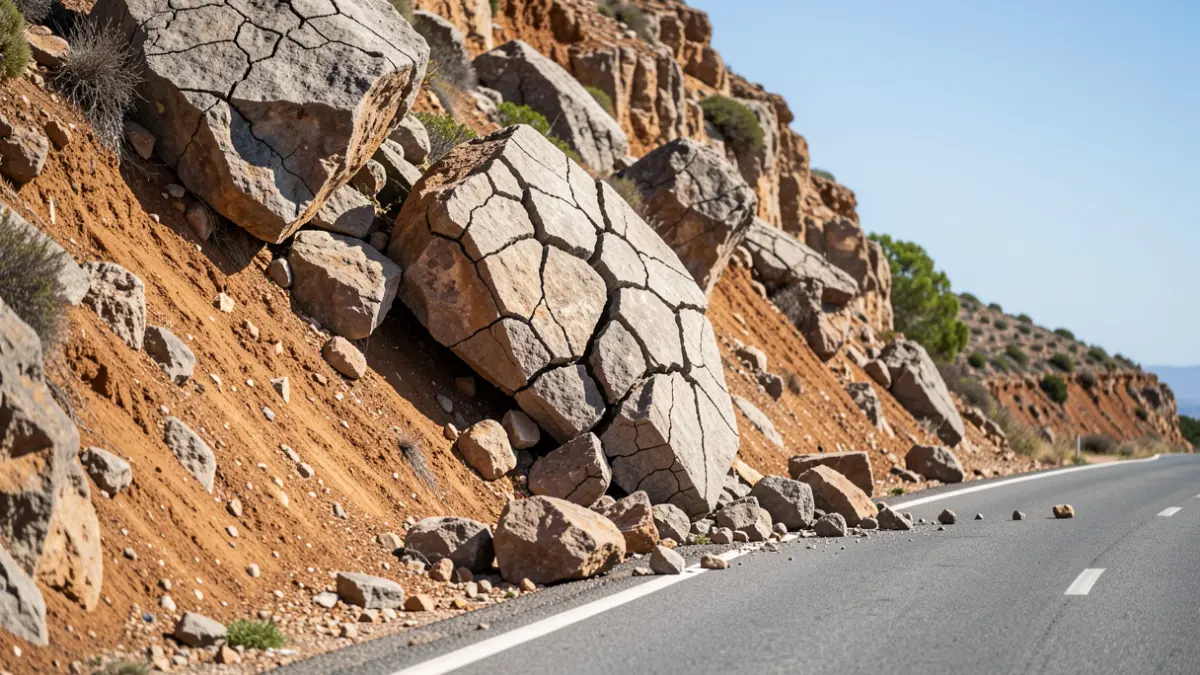 Unstable rocks on the GC-100 road in Gran Canaria, near Ingenio, posing a risk of falling.