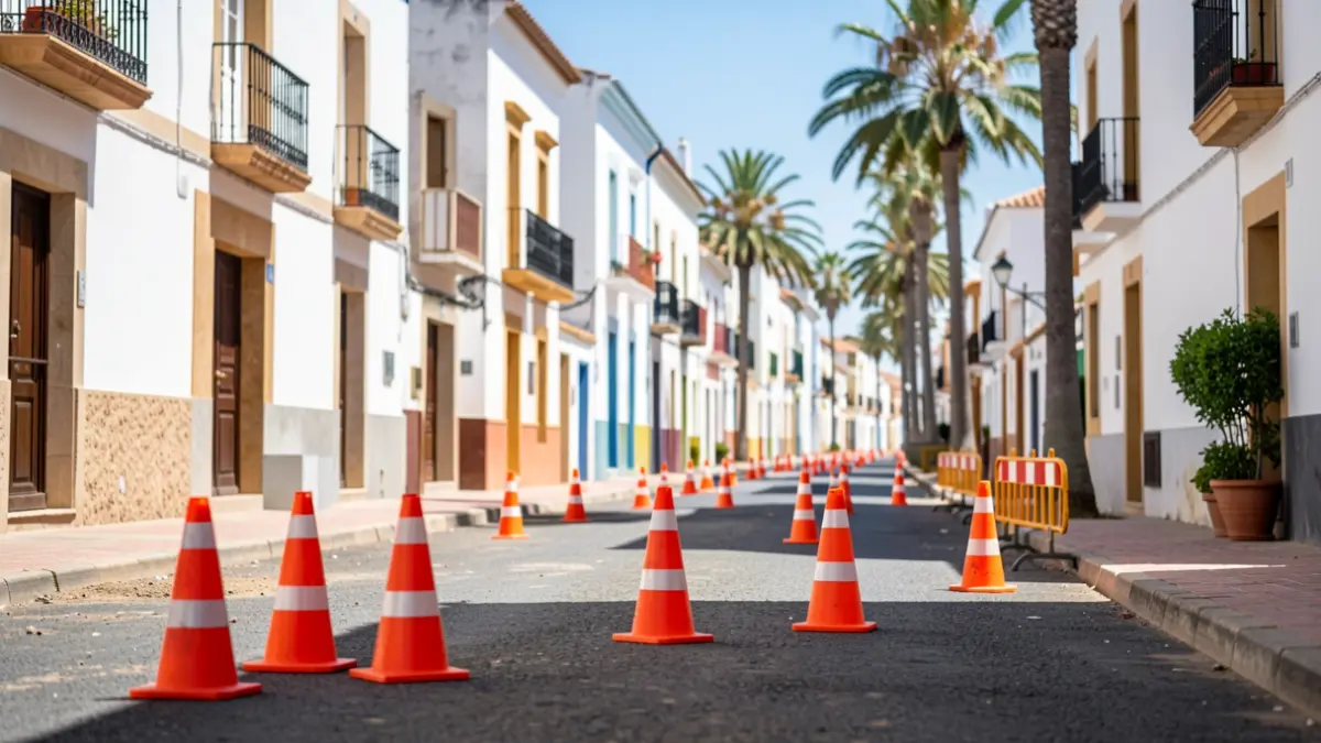 Image of Marmolejos street in Gáldar with sanitation works and traffic cut.