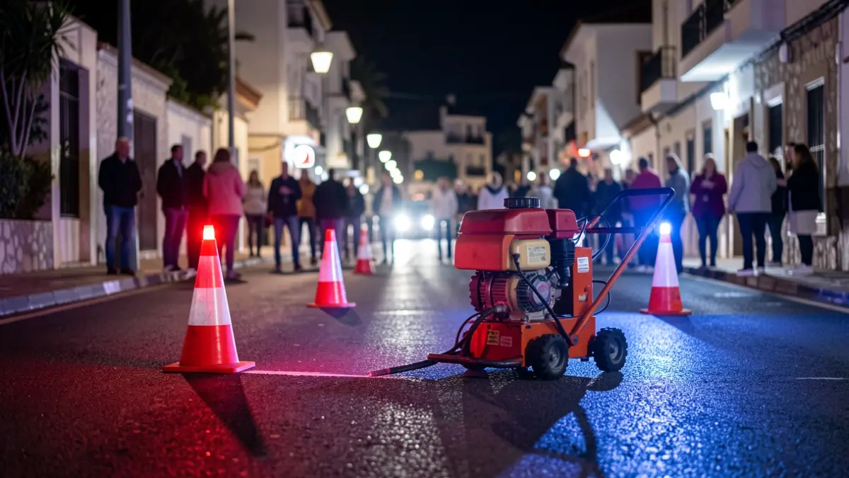 Equipo de pintura vial trabajando de noche en una calle de Canarias con conos y luces de advertencia.