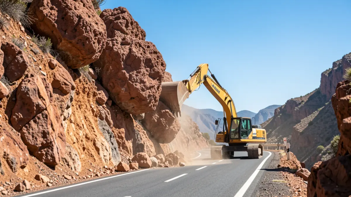 Image of unstable rocks above the GC-100 road in Gran Canaria, with construction machinery ready for removal.