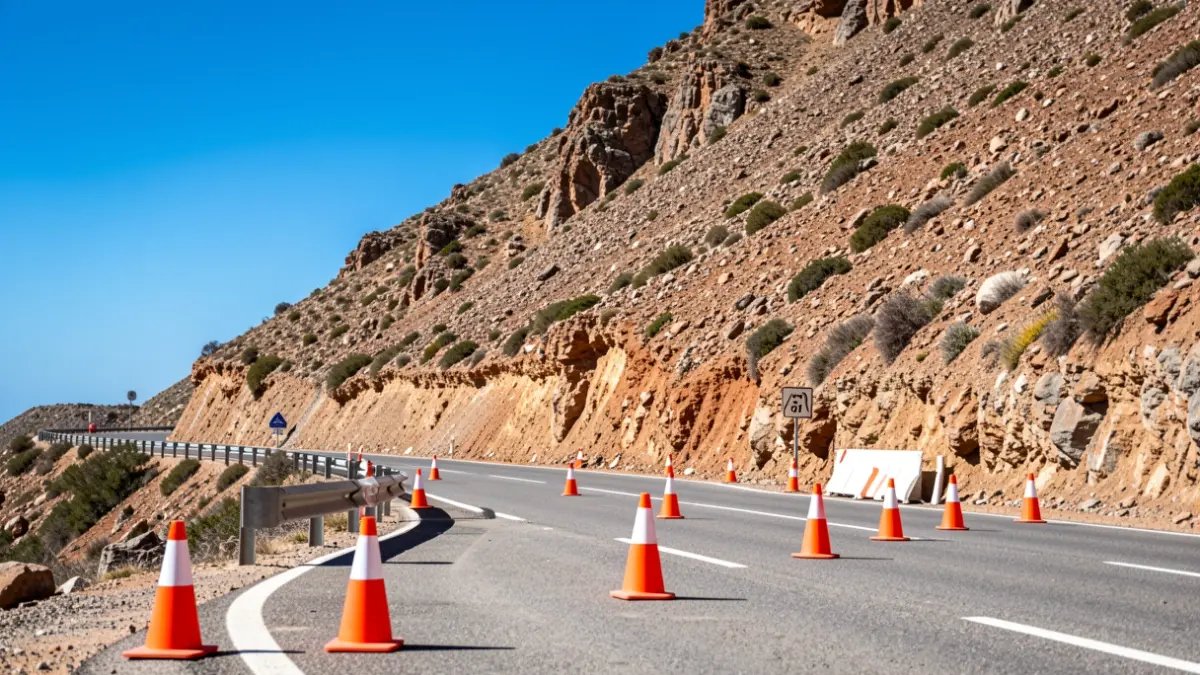 Image of the GC-100 road in Gran Canaria with barriers and cones indicating a closure due to landslide risk.