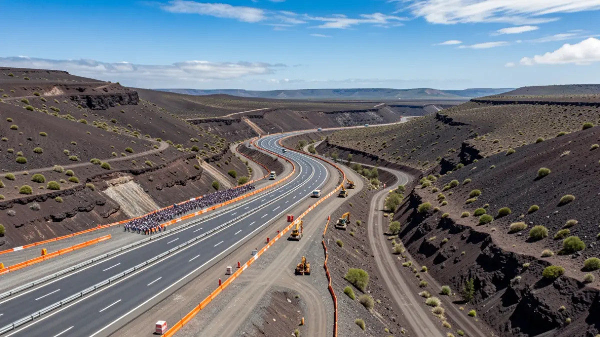 Aerial view of a highway under construction in a volcanic landscape of Canarias, with orange barriers and machinery.