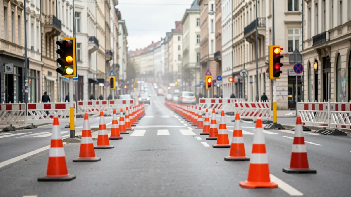 Imagen genérica de obras en una calle urbana con carriles cortados por barreras y conos.