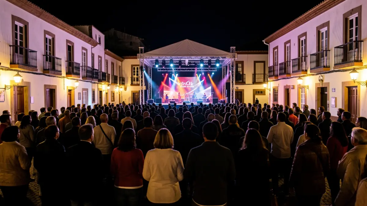 Imagen genérica de una plaza de pueblo canario iluminada por la noche para un concierto, con público en silueta.