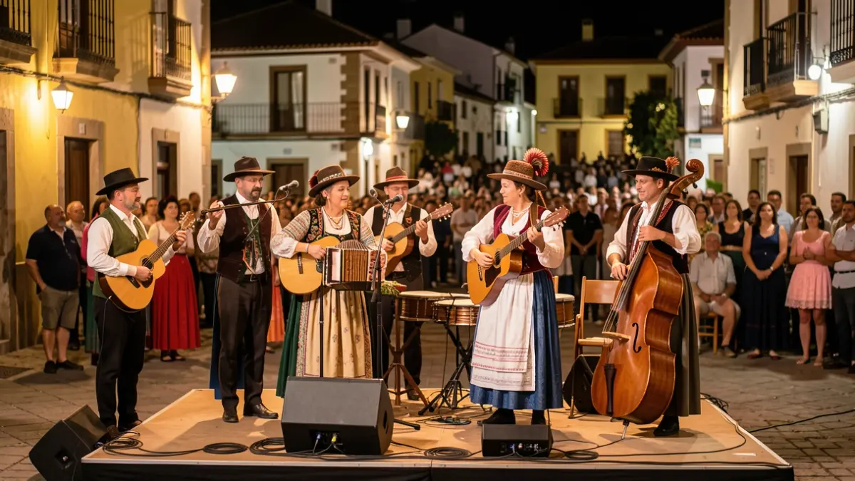 Imagen genérica de un grupo de folclore canario actuando en una plaza por la noche.