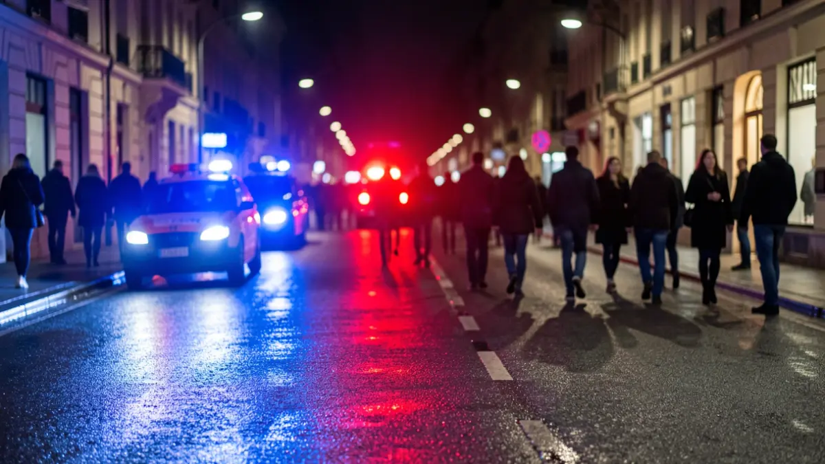 Generic image of police emergency lights reflecting on wet asphalt at night.