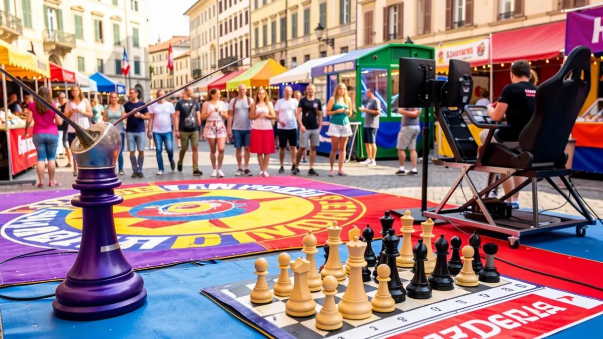 Zona deportiva en un festival con equipamiento de esgrima, lucha canaria, ajedrez y simracing.
