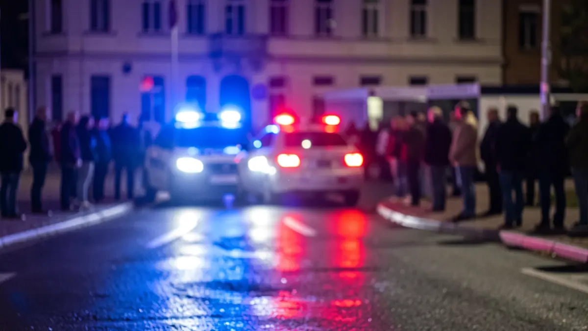 Imagen genérica de luces policiales de emergencia reflejándose en el asfalto mojado por la noche.