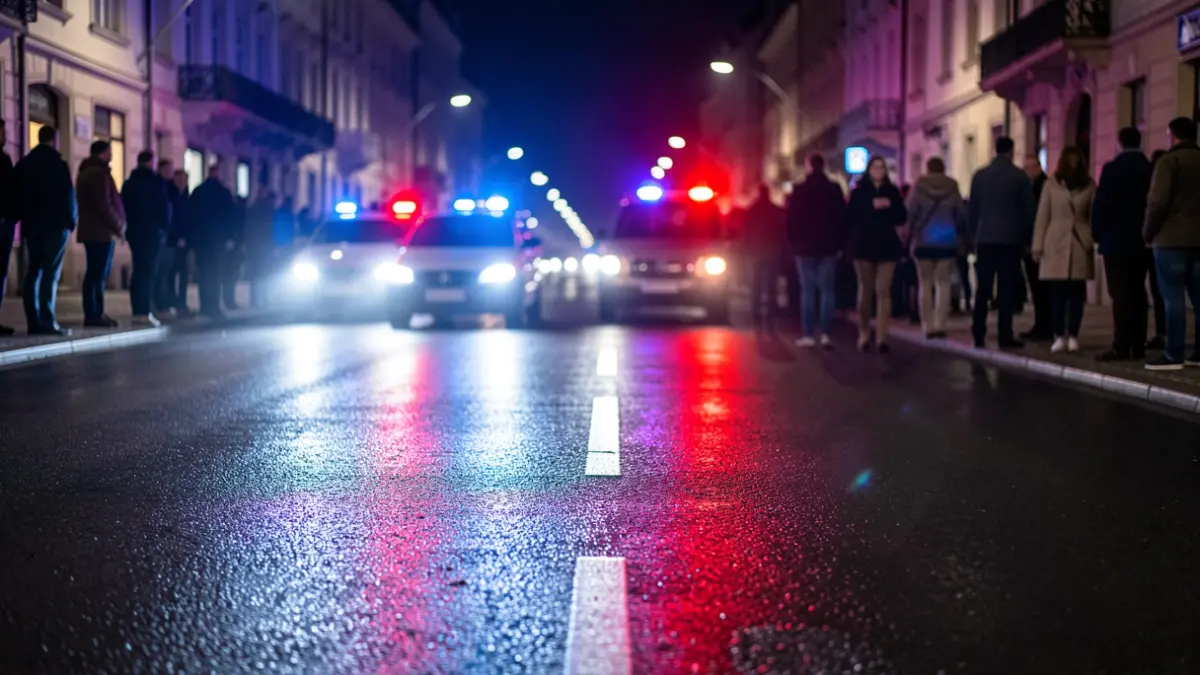 Imagen genérica de luces de emergencia policiales reflejadas en el asfalto durante una operación nocturna.