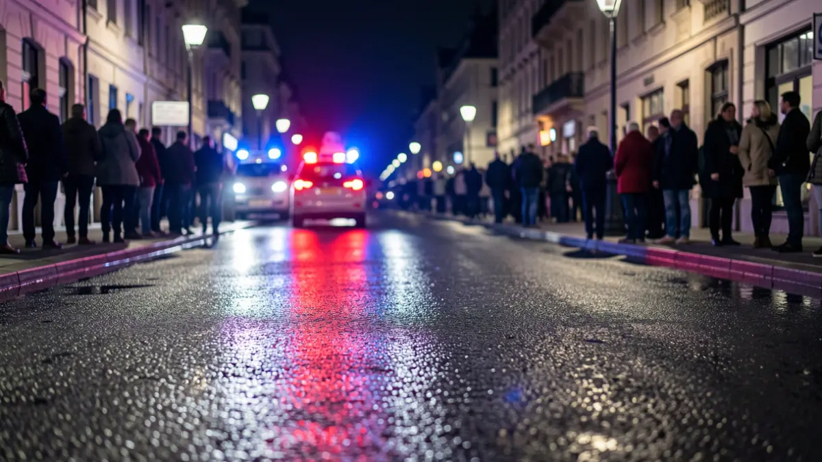 Generic image of police emergency lights reflected on asphalt.