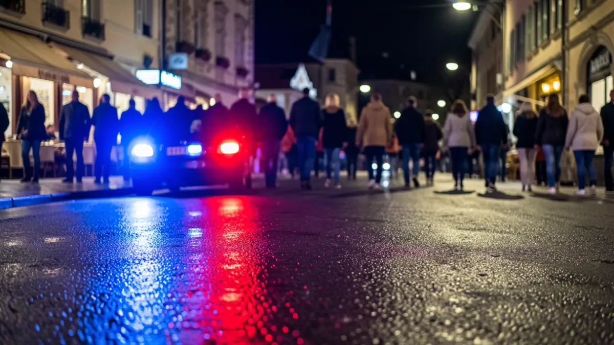 Imagen genérica de luces de emergencia policiales reflejadas en el asfalto durante la noche.