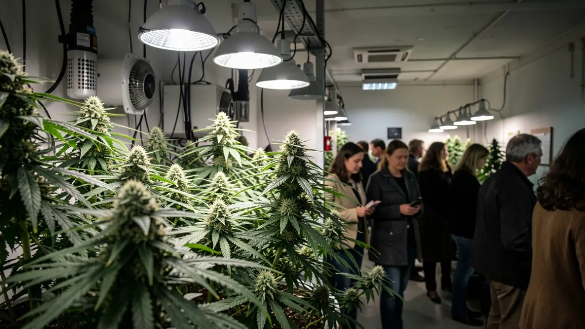 Image of indoor cannabis plants with cultivation equipment.