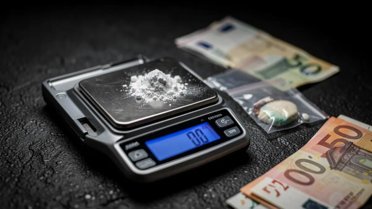Precision scale with white powder, small bags, and cash seized by police.