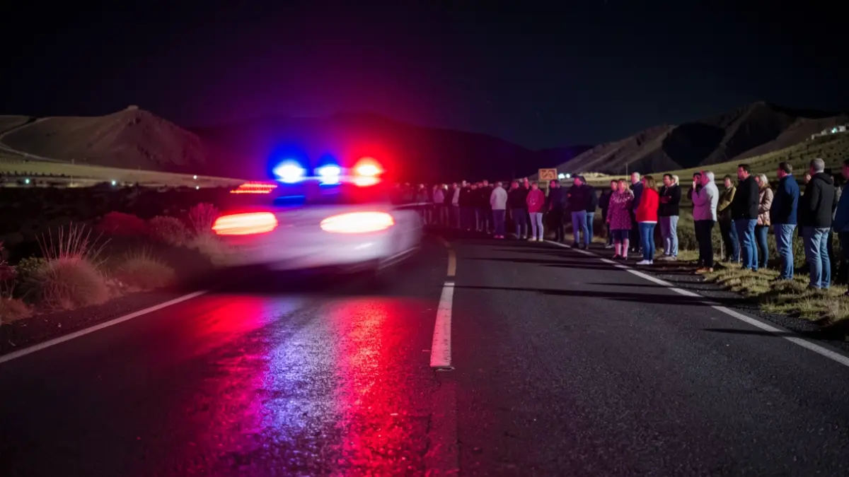 Imagen genérica de luces de emergencia policiales reflejándose en asfalto mojado por la noche.
