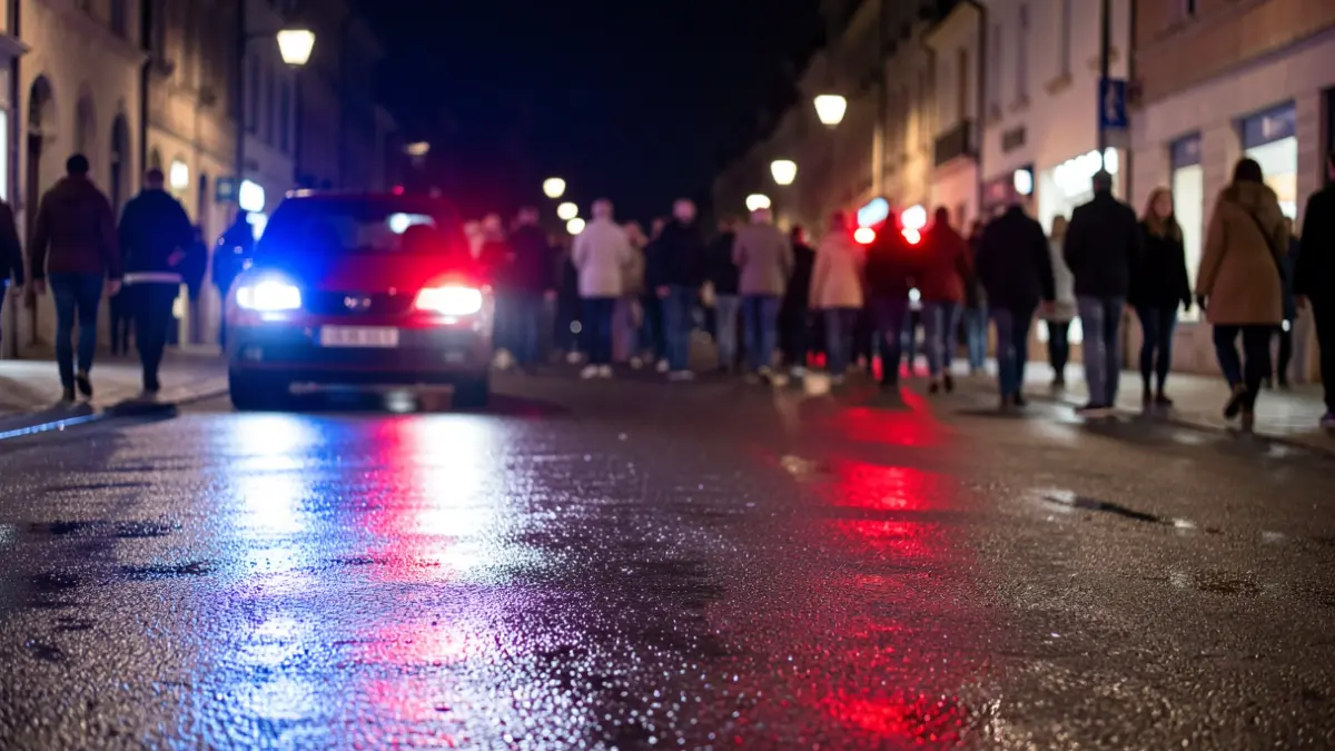 Imagen genérica de luces de emergencia policiales reflejándose en el asfalto mojado por la noche.