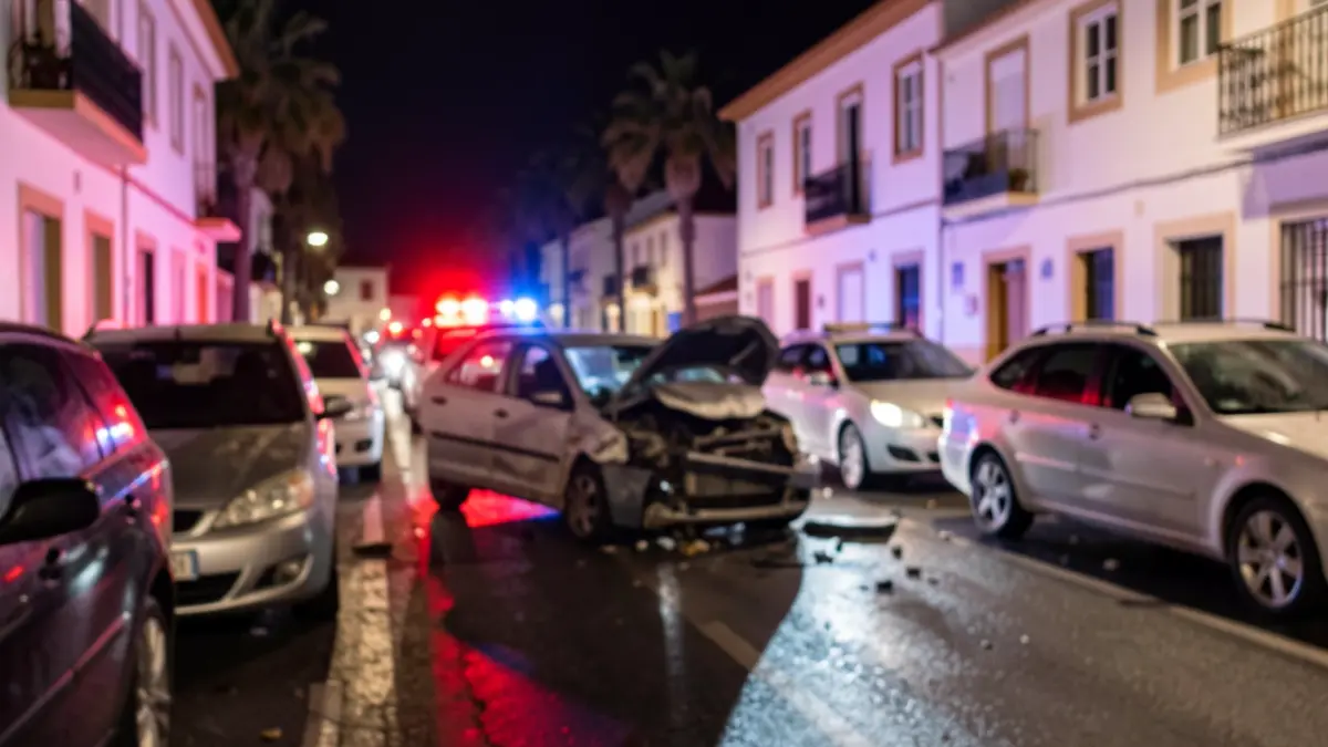 Imagen genérica de un coche dañado tras una colisión nocturna con luces de emergencia.