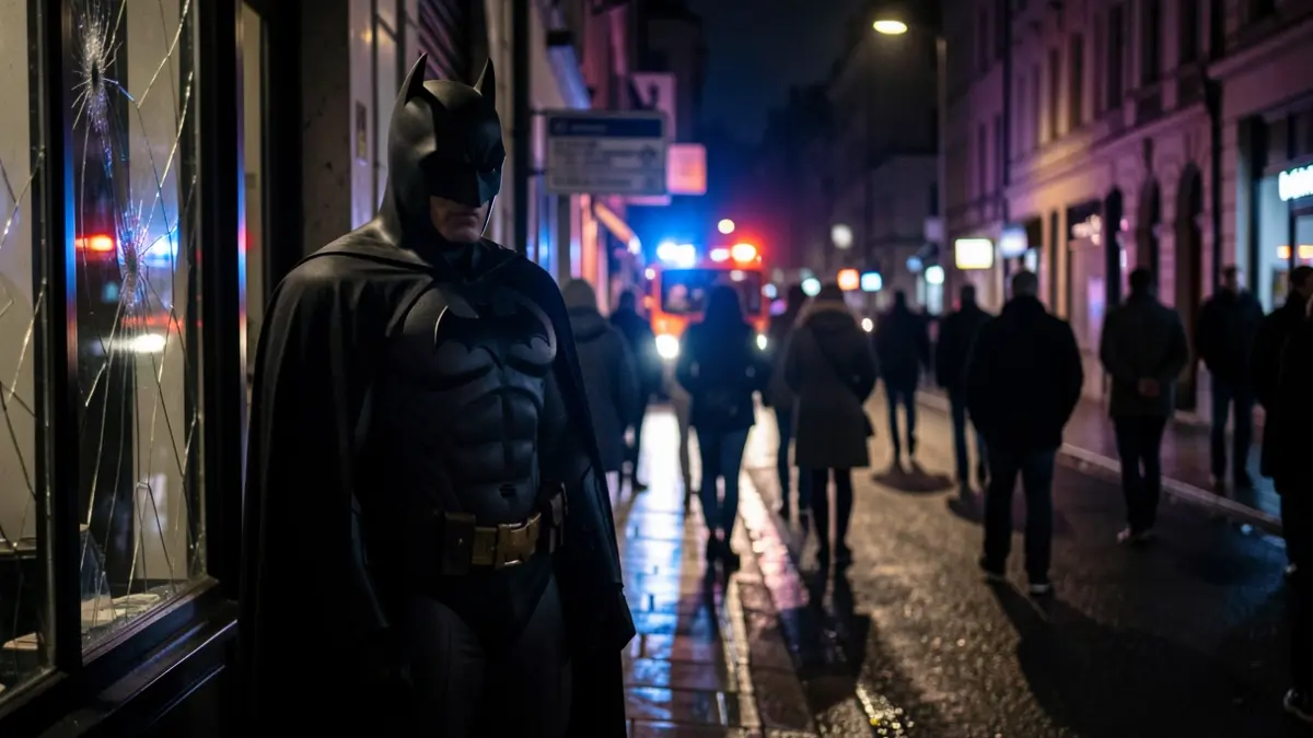 Figura vestida de Batman cerca de un escaparate roto en Corralejo, con luces de emergencia borrosas.