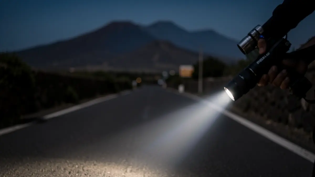 Haz de luz de linterna policial iluminando una calle oscura en Mogán.