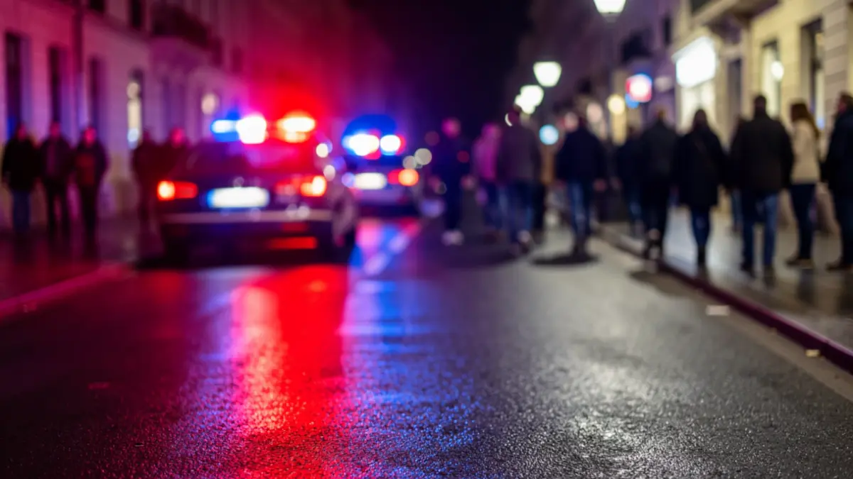 Generic image of police emergency lights reflecting on wet asphalt.