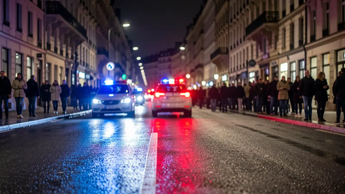 Imagen genérica de luces de emergencia policiales reflejándose en asfalto mojado por la noche.