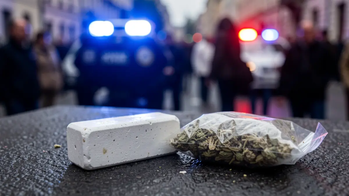 Image of a cocaine brick and a bag of marijuana with blurred police emergency lights in the background.
