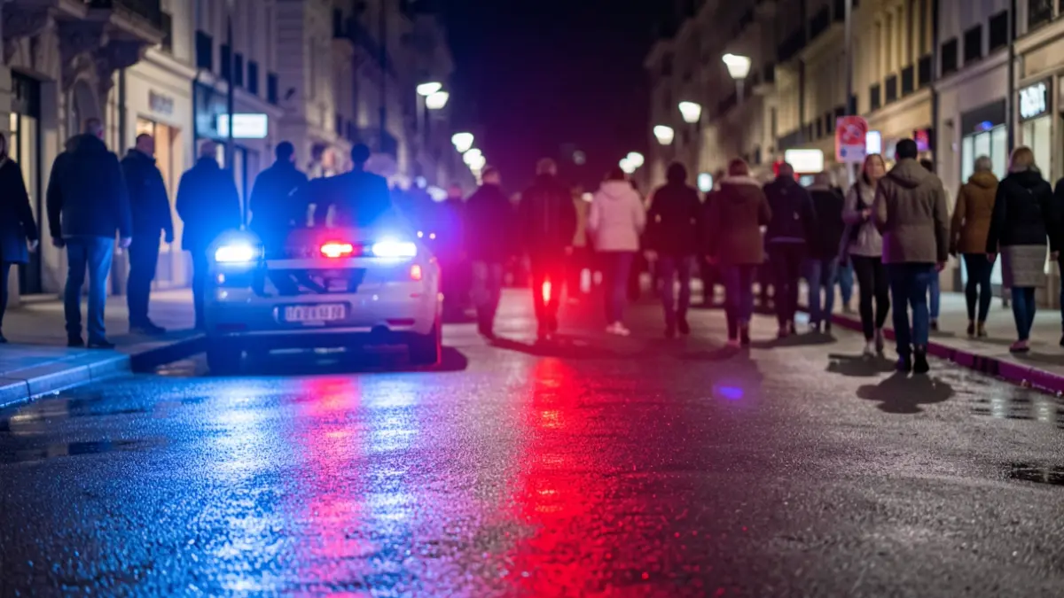 Generic image of police emergency lights reflecting on wet asphalt.