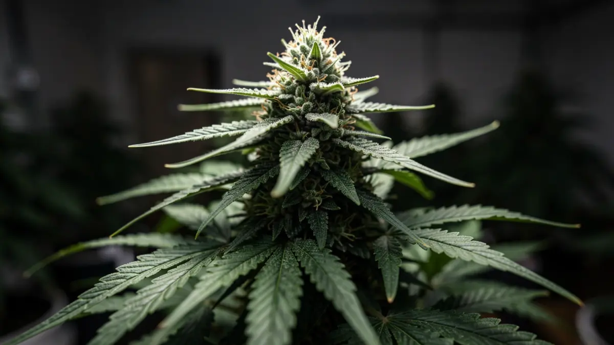 Primer plano de una planta de cannabis con cogollos densos en un cultivo interior.