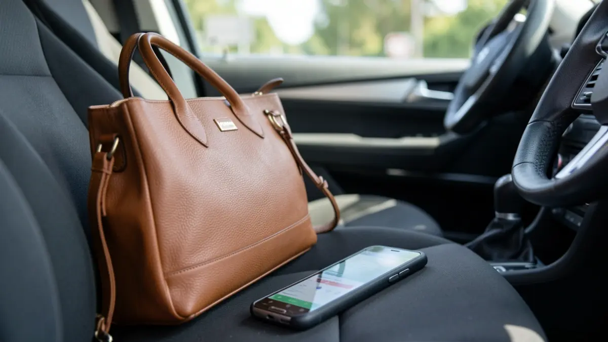 Handbag and mobile phone on a car seat, ready to become projectiles in case of sudden braking.
