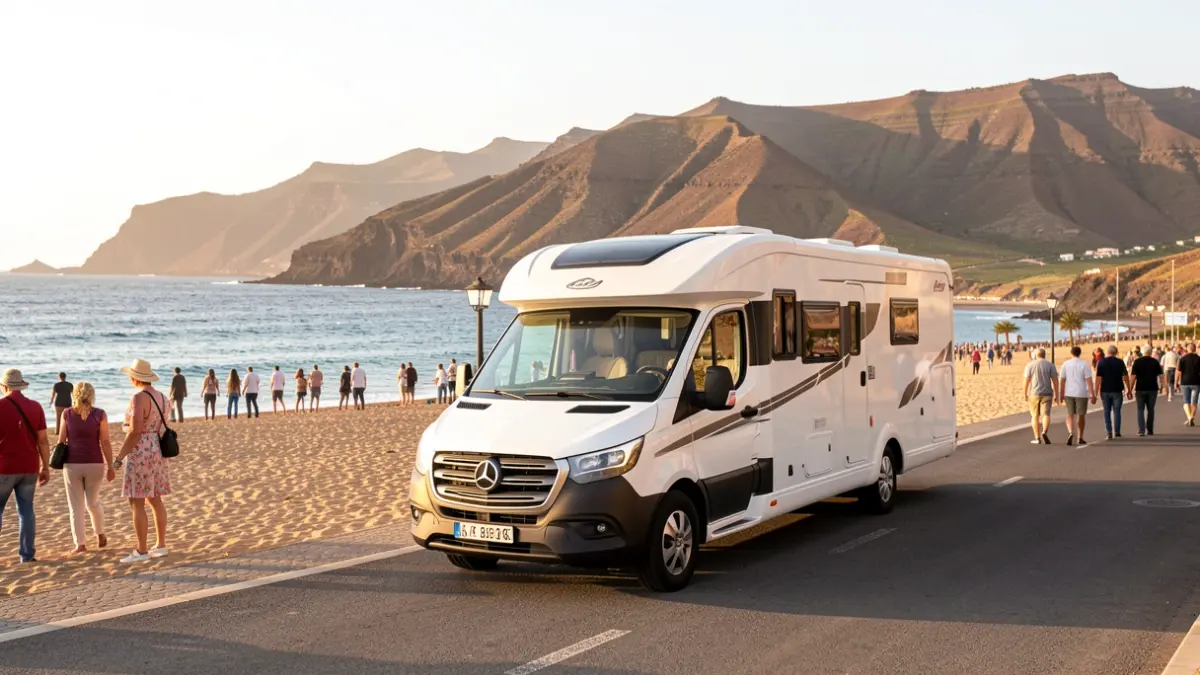 Motorhome parked next to a beach in the Canary Islands with volcanic landscape at sunset.