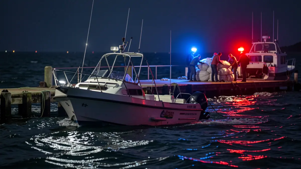 Image of a nighttime police operation at the fishing pier of Castillo del Romeral, Gran Canaria, with a boat and hashish bales.