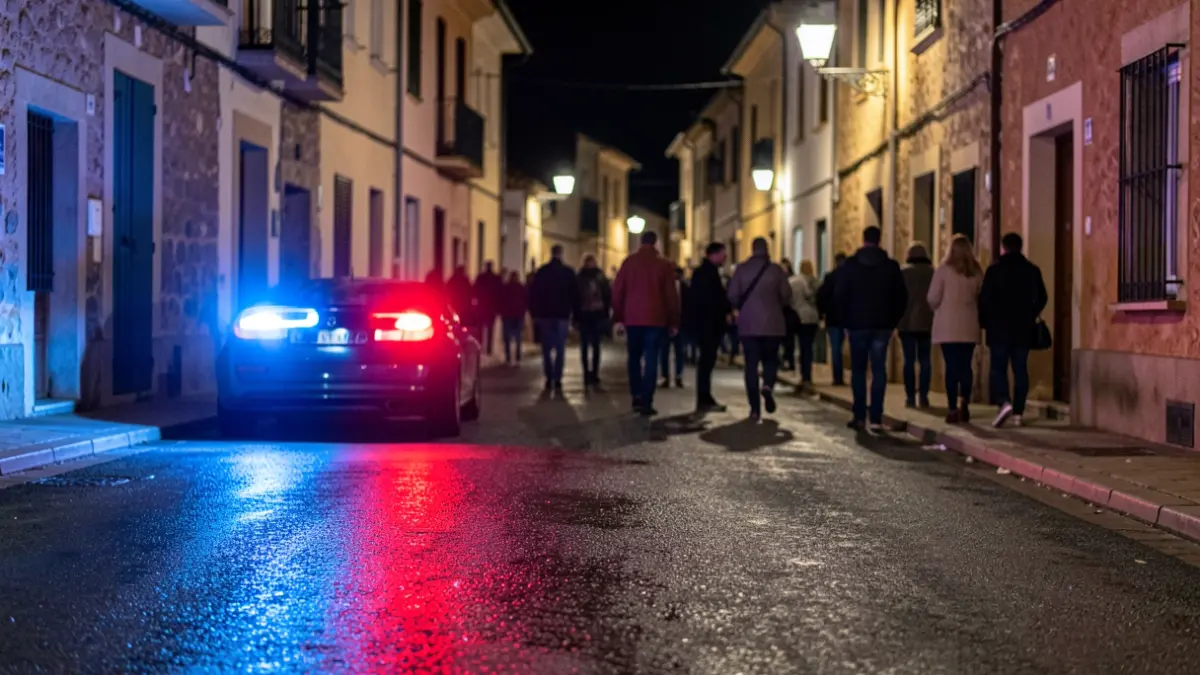 Imagen genérica de luces de emergencia policiales reflejando en asfalto mojado.