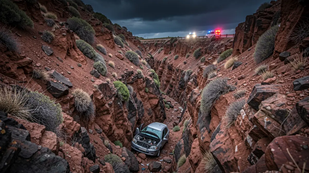 Coche accidentado en el fondo de un barranco en Telde, Gran Canaria, con luces de emergencia.