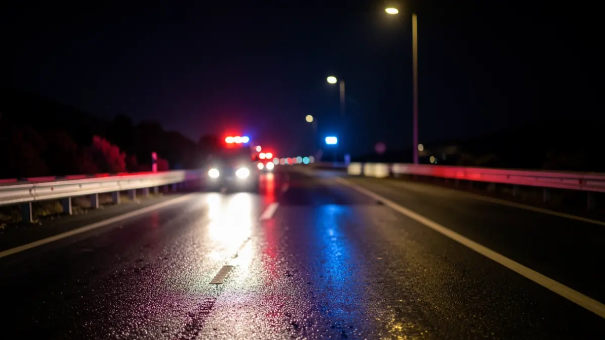 Imagen genérica de luces de emergencia en una carretera mojada por la noche.