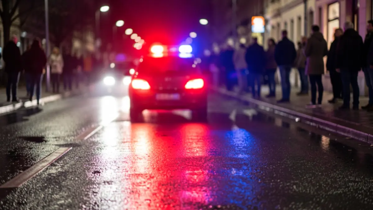 Generic image of police emergency lights reflecting on wet asphalt at night.