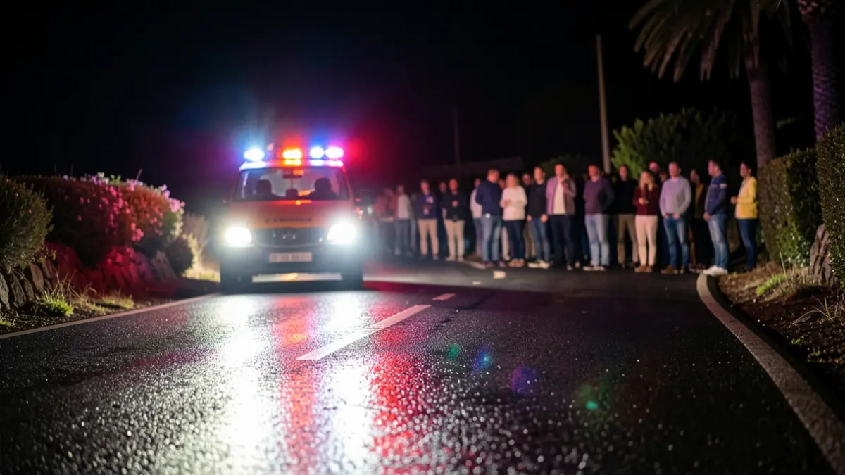 Generic image of emergency lights on a wet road at night.