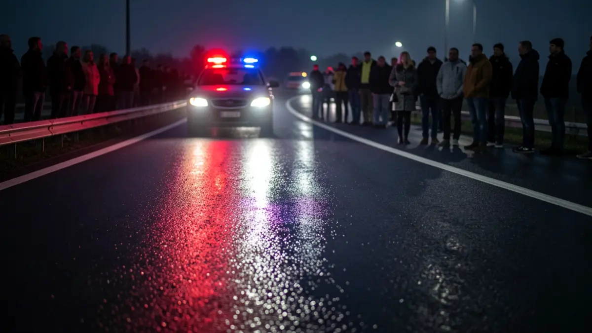 Imagen genérica de luces de emergencia en asfalto mojado por la noche.