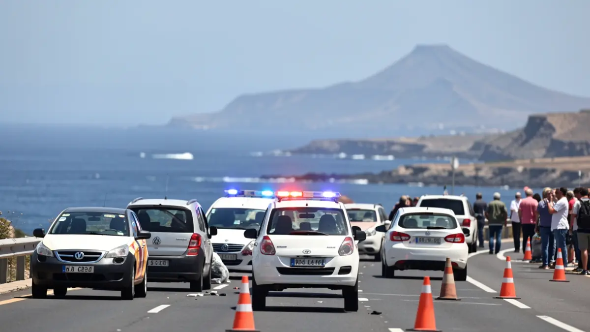 Imagen genérica de un accidente múltiple en una carretera costera de Canarias con luces de emergencia.
