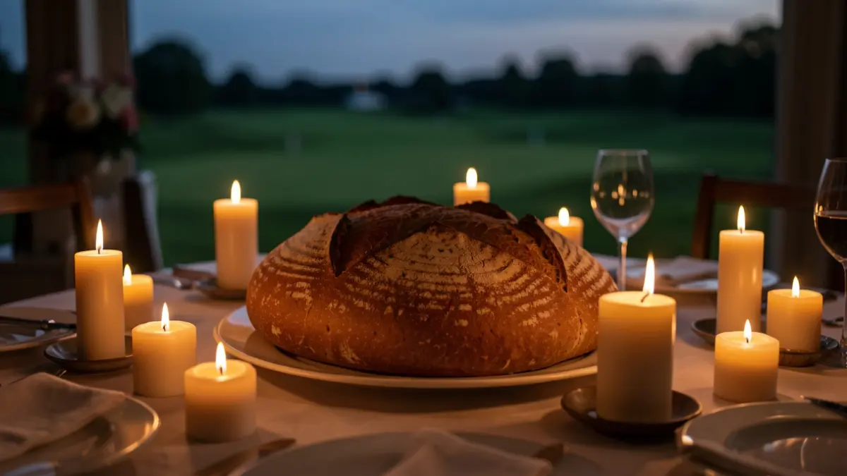Composición cálida y evocadora con un gran pan y velas sobre una mesa en un elegante comedor con el campo de golf de Maspalomas al fondo.
