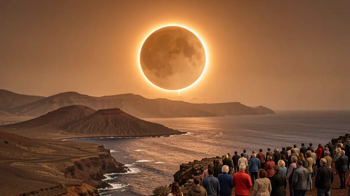 Imagen genérica de un eclipse solar parcial sobre el archipiélago canario con paisajes volcánicos.