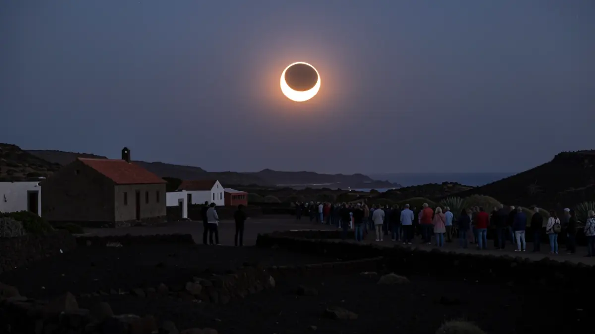 Image of a partial solar eclipse viewed from the archaeological site of La Atalayita in Fuerteventura.