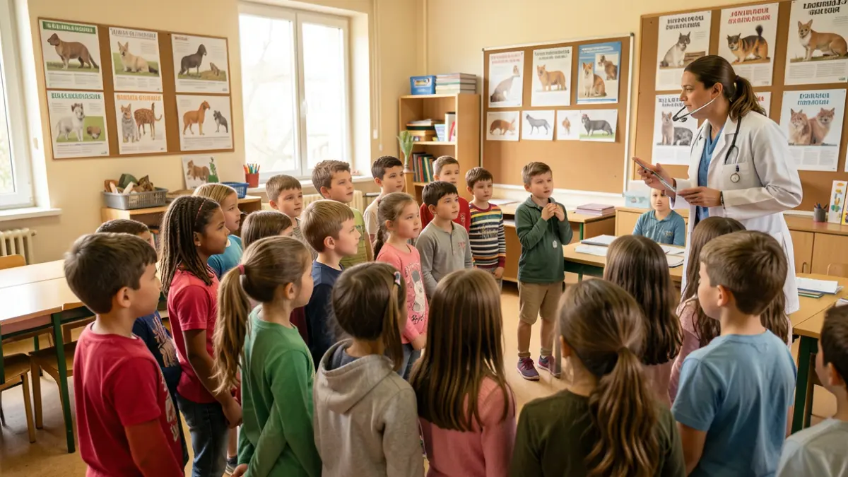 Imagen genérica de niños escuchando a un veterinario en clase.