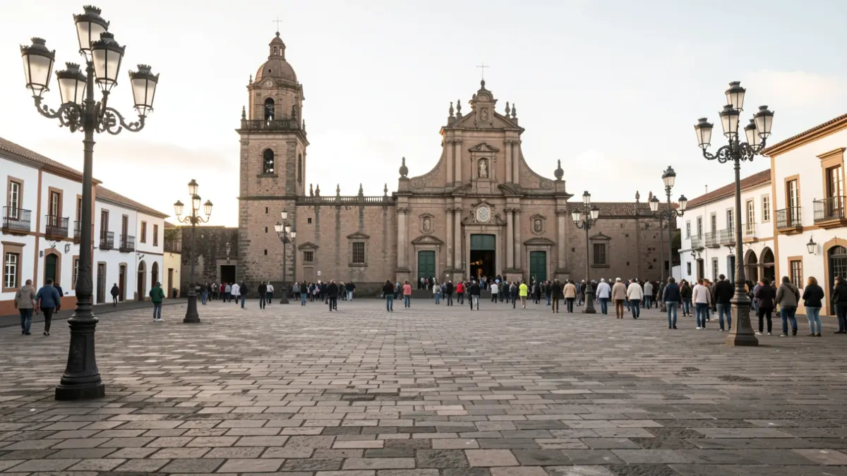 Empty square in front of the Candelaria basilica in Tenerife during a sunny morning.