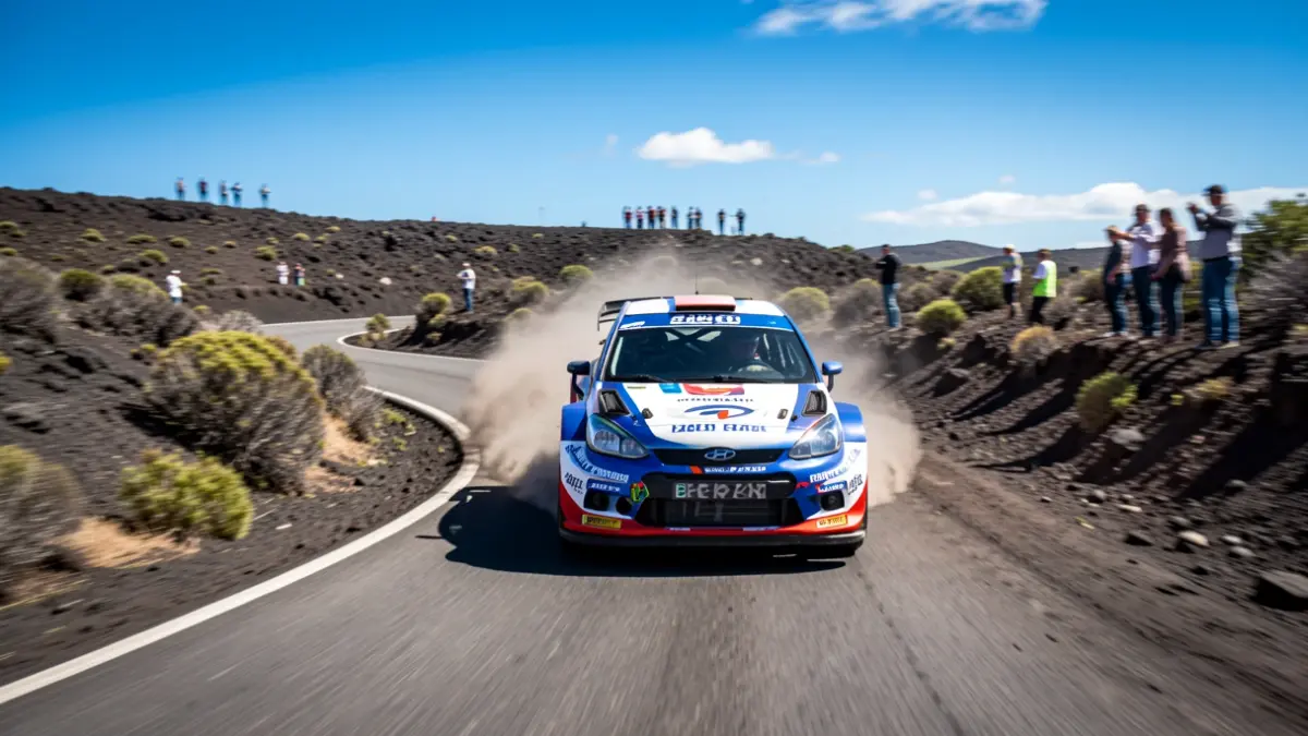 Imagen de un coche de rally corriendo por una carretera volcánica en Canarias.