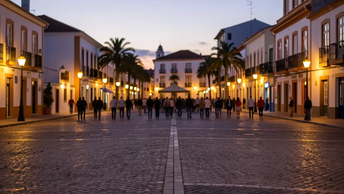 Plaza de Canarias en Las Palmas de Gran Canaria al atardecer, con luces cálidas y ambiente poético.