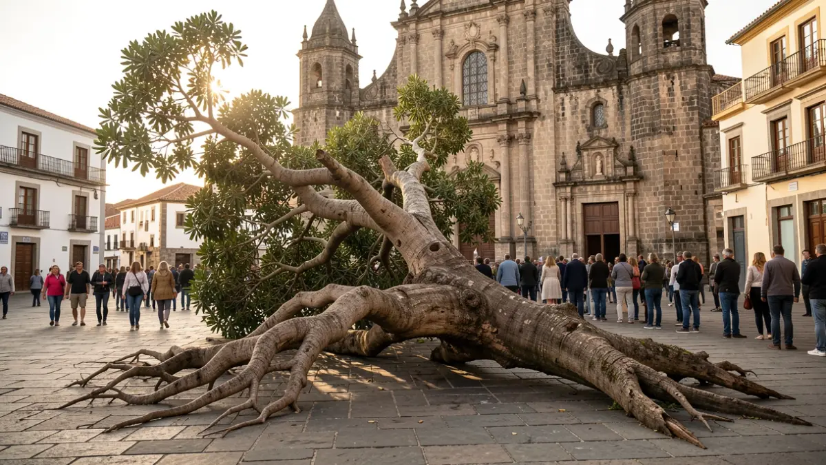 Un drago de gran envergadura yace en el suelo en una plaza empedrada frente a la Catedral de La Laguna.
