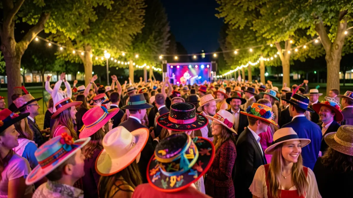 Imagen genérica de una fiesta popular nocturna con gente luciendo sombreros coloridos.